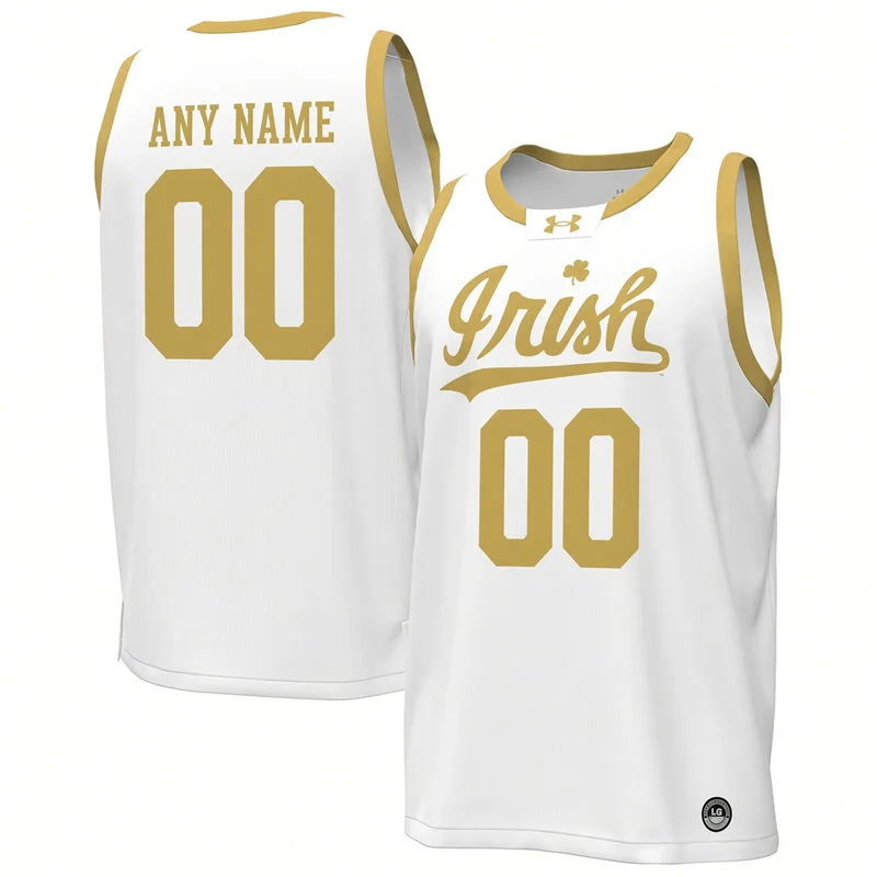 Men's Youth Notre Dame Fighting Irish Custom 2024 White Gold Irish Basketball Game Jersey